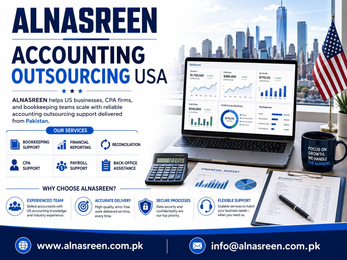ALNASREEN accounting outsourcing USA services for US businesses, CPA firms, bookkeeping teams, financial reporting, reconciliation, payroll support, and back-office accounting assistance from Pakistan