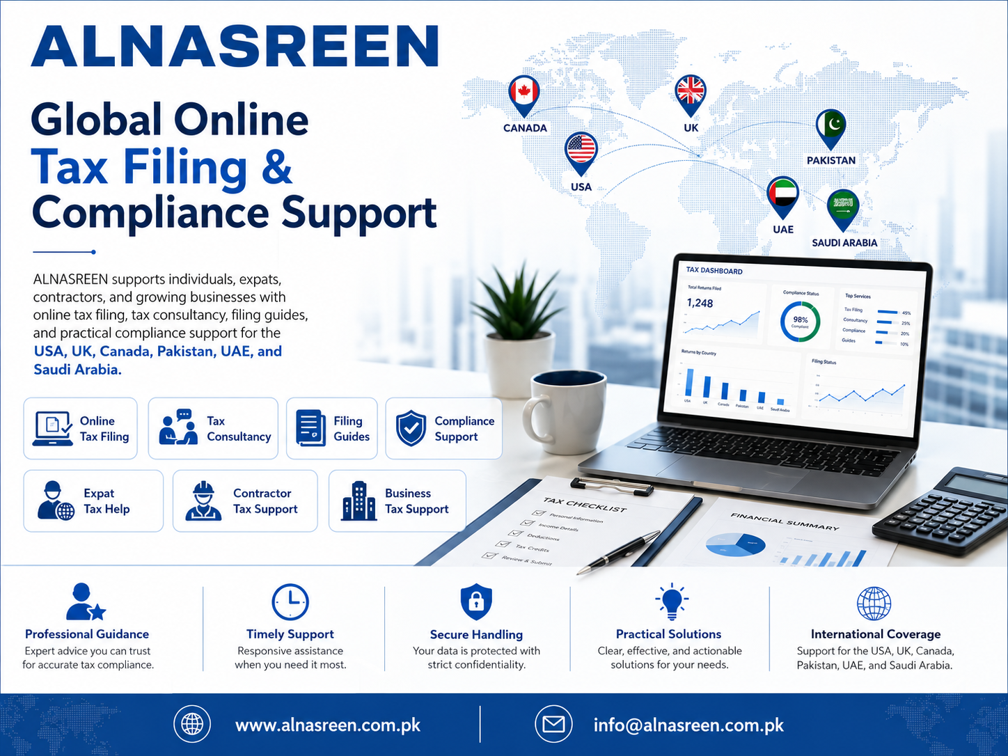 ALNASREEN global online tax filing and compliance support for USA, UK, Canada, Pakistan, UAE, Saudi Arabia, expats, contractors, and businesses