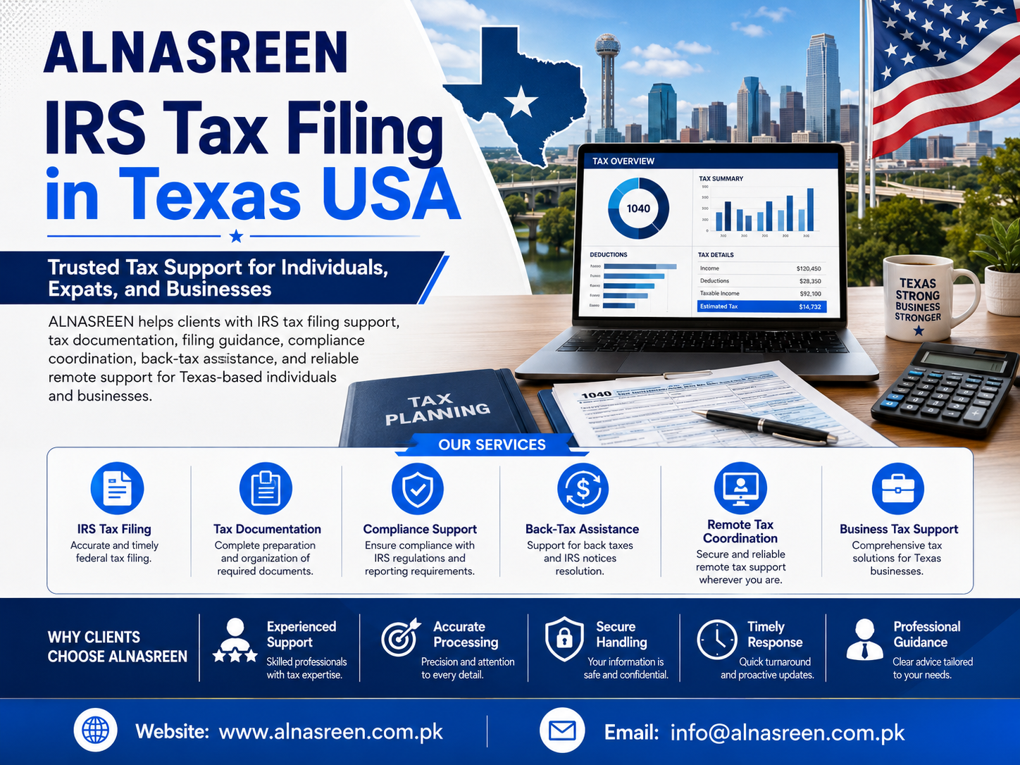 ALNASREEN IRS tax filing in Texas USA support for individuals, expats, businesses, tax documentation, compliance, back-tax assistance, and remote tax coordination